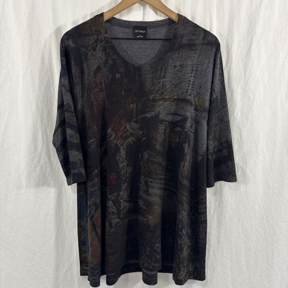 Inoah Graphic Print Dark Asymmetric Tunic Top Women’s Sz L Artsy Lagenlook